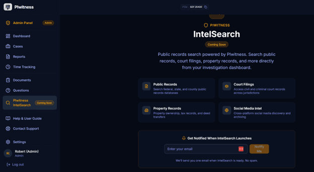PIwitness IntelSearch screen with public records and court research tools