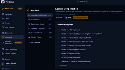 PIwitness dashboard showing active cases, report counts, and recent activity