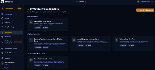 PIwitness report generation screen with field notes and AI-assisted report draft