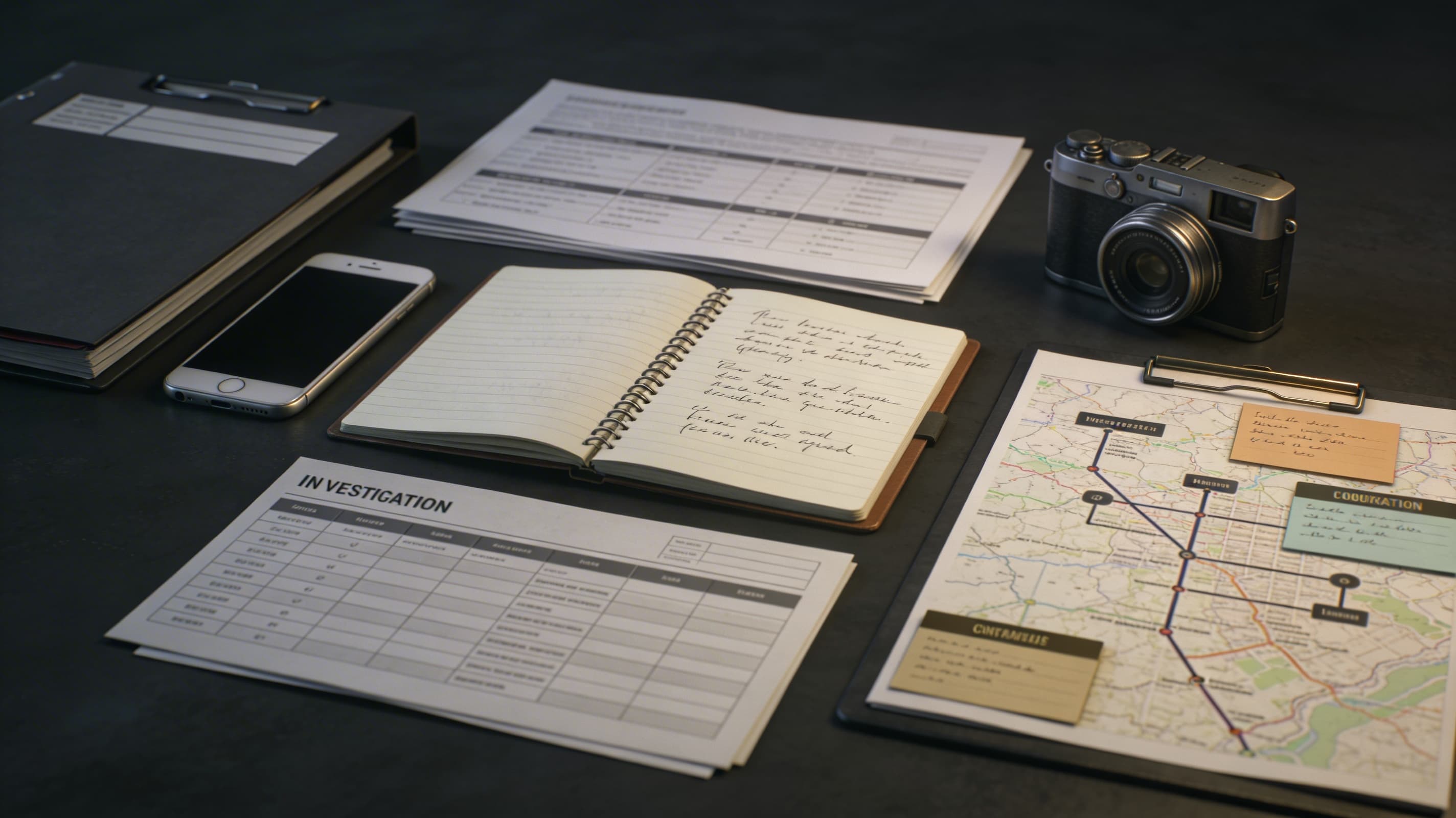 Professional investigative workspace with notebook, phone, camera, case materials, and report documents