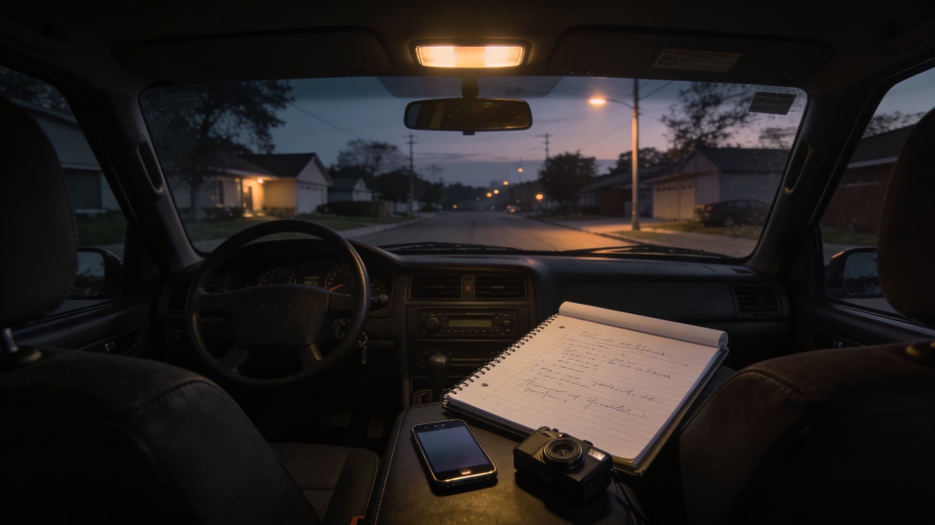 Private investigator surveillance scene inside a vehicle at dusk with notebook, phone, and camera